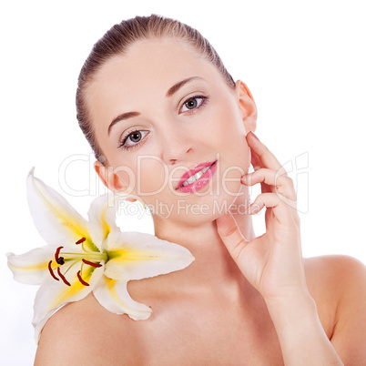 young beautiful woman portrait with white flower