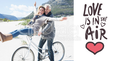 Composite image of carefree couple going on a bike ride on the b