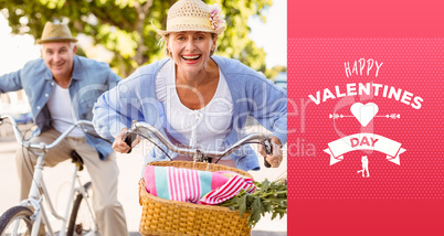 Composite image of happy mature couple going for a bike ride in