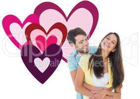 Composite image of happy casual couple smiling and hugging