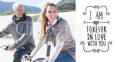 Composite image of carefree couple going on a bike ride on the b