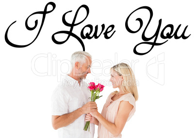 Composite image of affectionate man offering his partner roses