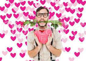 Composite image of geeky hipster offering valentines gifts