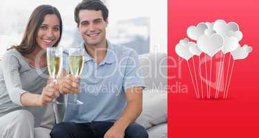 Composite image of portrait of lovers toasting their flutes of c