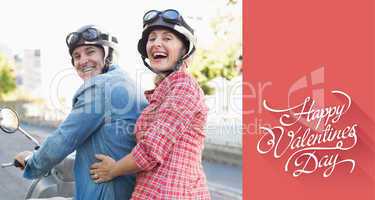 Composite image of happy mature couple riding a scooter in the c