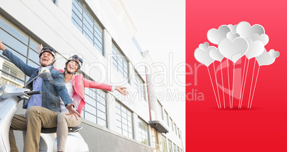 Composite image of happy senior couple riding a moped