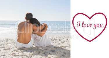 Composite image of couple sitting on the sand watching the sea