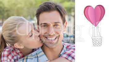 Composite image of young hip woman giving boyfriend kiss on the