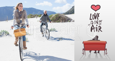 Composite image of carefree couple going on a bike ride on the b