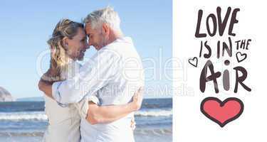 Composite image of happy couple on the beach touching faces