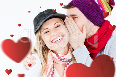 Composite image of young couple sharing a secret