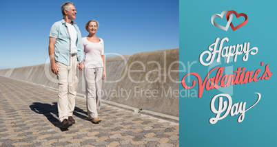 Composite image of happy senior couple walking on the pier