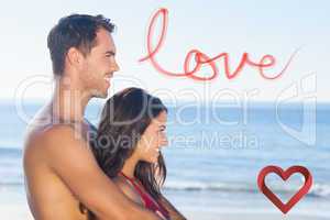 Composite image of happy couple in swimsuit hugging while lookin