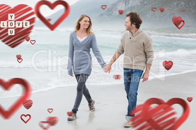 Composite image of couple holding hands and walking at beach