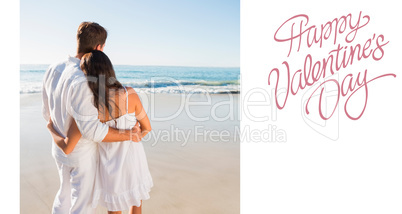 Composite image of content couple looking at the waves