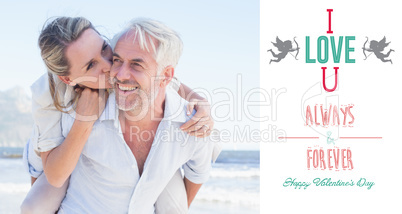 Composite image of man giving his smiling wife a piggy back at t