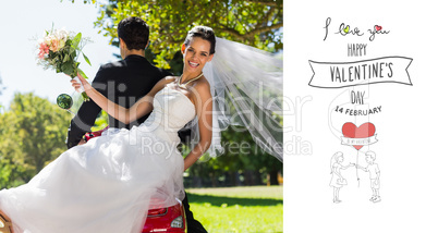 Composite image of newlywed couple sitting on scooter in park