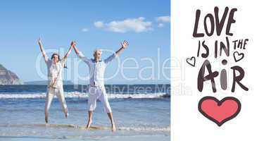 Composite image of happy couple jumping up barefoot on the beach