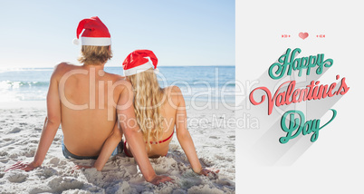 Composite image of rear view of couple sitting on beach