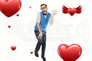 Composite image of geeky hipster dancing like a fool