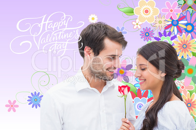 Composite image of handsome man offering his girlfriend a rose