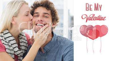 Composite image of woman kissing man on his cheek Composite image of woman kissing man on his cheek