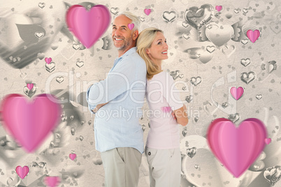 Composite image of smiling couple standing leaning backs togethe