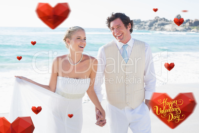 Composite image of newlyweds walking hand in hand and laughing