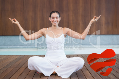Composite image of peaceful happy woman in white sitting in lotu