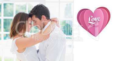 Composite image of loving young couple with arms around