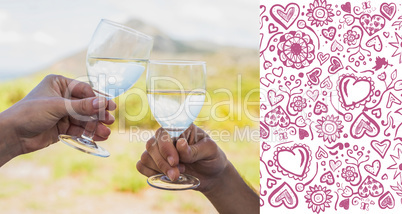 Composite image of couple clinking wine glasses outside