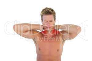 Man yelling and suffering from neck pain