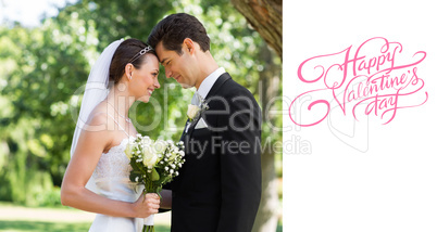 Composite image of loving newly wed couple in garden