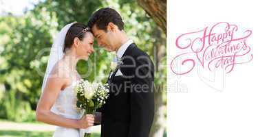 Composite image of loving newly wed couple in garden