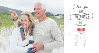 Composite image of cheerful romantic senior couple at beach