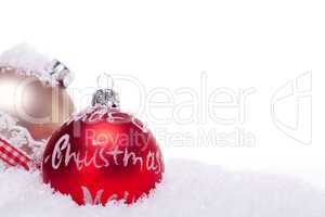 christmas decoration festive red bauble in snow isolated