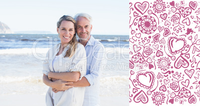 Composite image of happy couple hugging on the beach woman looki