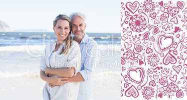 Composite image of happy couple hugging on the beach woman looki