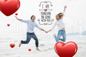 Composite image of cheerful couple holding hands and jumping at