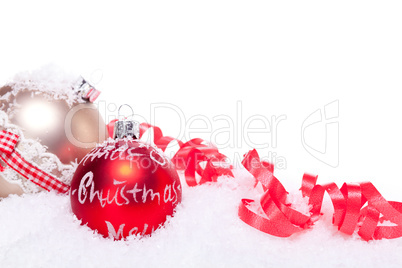 christmas decoration festive red bauble in snow isolated