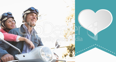 Composite image of happy senior couple riding a moped