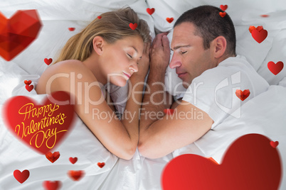 Composite image of cute couple lying asleep in bed