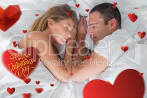 Composite image of cute couple lying asleep in bed