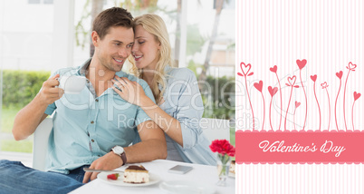 Composite image of hip young couple enjoying coffee and desert t