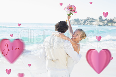 Composite image of handsome groom carrying his beautiful laughin