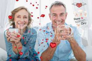 Composite image of smiling middle aged couple sitting on the cou