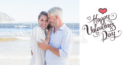 Composite image of happy couple hugging on the beach woman looki