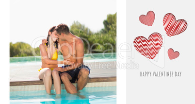 Composite image of gorgeous couple sitting poolside on holidays