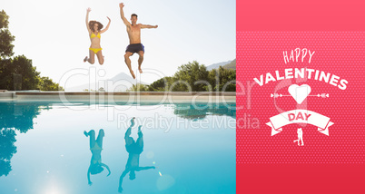 Composite image of cheerful couple jumping into swimming pool