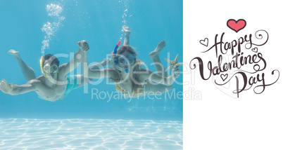 Composite image of cute couple underwater in the swimming pool w